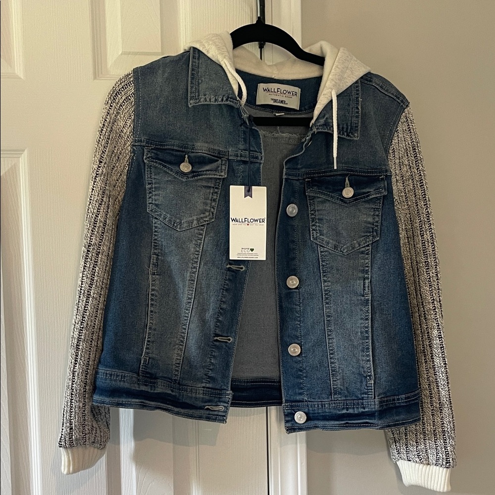 Wallflower Blue Denim Jacket with Gray Knit Sleeves